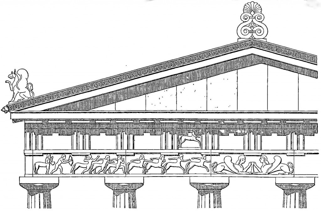 Temple of Athena. detail of the drawing by Francis Bacon. The architrave of the Doric temple was normally plain. The low relief sculpture on the architrave at Assos is unique.